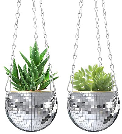 moonoom 2 macetas Plateadas de Bola de Discoteca con Cadena, Maceta Colgante Bohemia para el hogar, macetas Colgantes de Bola de Espejo de 4 Pulgadas para Plantas de Interior y Exterior