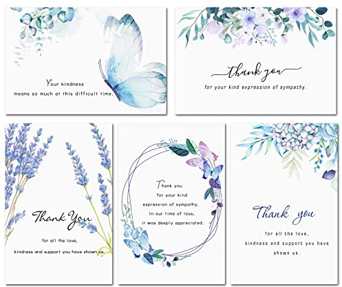 50 Pack Funeral Thank You Cards with Envelopes, Stickers & Message Inside, 4×6 in Watercolor Flowers Butterflies Bereavement Sympathy Thank You Cards for Funeral Family Friends Loved Ones Celebration of Life