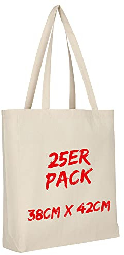 TEXXILLA Baumwolltasche - 25er Pack | Natur | mit Zwei Langen Henkeln, Boden- und Seitenfalte | 38x42cm | Jutebeutel | Einkaufstasche | unbedruckt