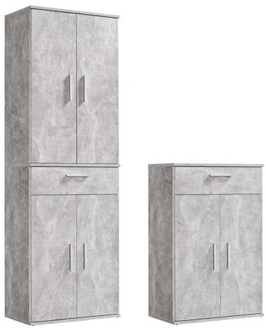 mokebo® Mehrzweckschrank Set 2-teilig 'Die Allzweckwaffe', Schrank-Set mit Midischrank & Hochschrank in Betonoptik BZW. Grau, nutzbar als Aktenschränke, Büroschränke oder Allzweckschränke