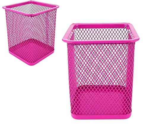 LEVIATAN - 2 Stück - Metall eckig Stifteköcher | Stiftehalter Würfel aus Drahtmetall | Mesh Multifunktions Becher für Kugelschreiber Rosa