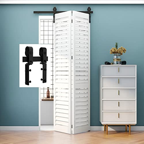 TSMST 100cm/3.3ft Klapptür Schiebetürsystem Komplett-Set, Platzsparende Scheunentür Spur Set für 2 Türen, Glatt und Ruhig (keine Tür)