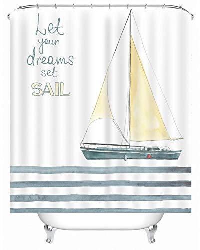 EHOMERY Duschvorhang Dachschräge Badewanne Duschrollo Schmal Lass Deinen Traum In See Stechen Segelboot Polyester Weiß Rostfreie Ösen Und 12 Hakenringe, 160X180Cm