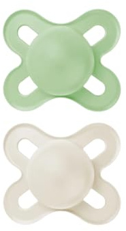 MAM Dummy för nyfödda, 0-2 månader, med symmetrisk napp, platt och flexibel, tillverkad av mjuk silikon, lätt att ta med, med självsteriliserande låda, original, neutral matt, 2 stycken