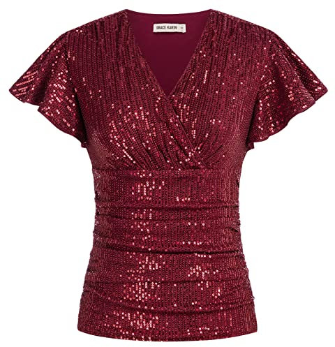 GRACE KARIN Damen Funkelnde Pailletten Casual Tops Elegant Bluse Kurzarm mit Rüschen Oberteile Vintage Tunika Rot M