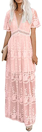 amropi Mujer Encaje Vestido de Fiesta Largo Vestidos Cuello en V Manga Corta Verano Ropa Rosa,XXL