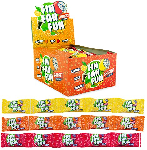 Caramelos Cerdán - Caramelos FIN FAN FUN | Estuche con 225 Unidades (45 Tiras x 5 Caramelos) | Limón, Naranja y Cola Relleno de Soda | Sin Gluten ni Alérgenos | Ideal para Fiestas y Cumpleaños