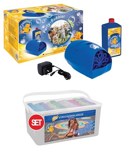 PUSTEFIX Party Bubbler + MALEFIX 50er I Elektrisch betriebene Seifenblasenmaschine + eine Box leuchtender Straßenkreide Farben I Straßenmalkreide