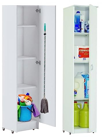 HABITMOBEL Armario con Ruedas Zapatero o Multiusos o escobero una Puerta, Gancho y Ruedas en Color Blanco