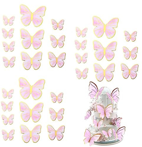 3D Butterfly Cake Topper Mixed Size Butterfly Cupcake Toppers Cake Decorations Mixed Size Butterfly Cake Topper for Birthday Theme Wedding Party Supplies Wall Decoration - 30Pcs - Pink