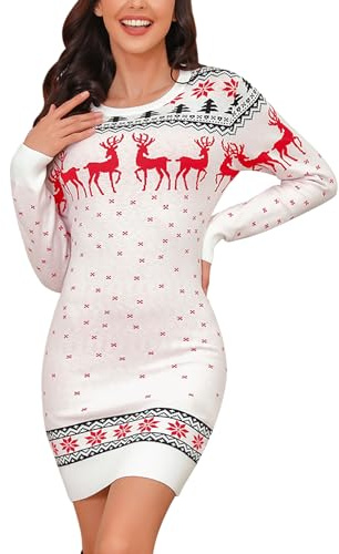 Irevial stickad klänning dam rund hals tröjklänning julklänning lång tröja klänning dam klänningar pullover ribbstickad omlottklänning snöflingor mönster bekväm för vinter fritid fest, Vit, XL