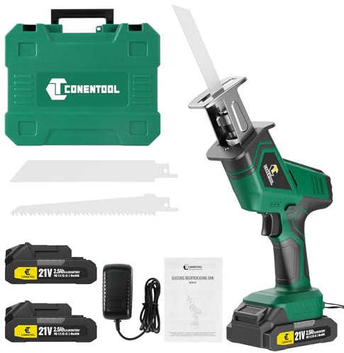 CONENTOOL 21V Bürstenlos Säbelsäge, Akku-Reciprosäge mit 2x2500mAh Batterien, variabler Geschwindigkeit (0-2800SPM), Elektrische Säbelsäge für Metall, Holz, PVC-Rohr und Baumschnitt