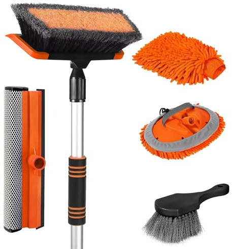 Wontolf 62'' Car Wash Brush with Long Handle, Scratch-Free Soft Bristles Sturdy Car Wash Mop, Complete Cleaning Brush Kit Wash Mitt Towel Windshield Squeegee Wheel Tire Brush for Car Truck RV Orange
