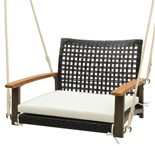 COSTWAY Rattan Hängesessel bis 180kg belastbar, Hängesitz mit Kissen & Holzarmlehne & Hängeseilen, Hängestuhl Terrassenschaukel für Veranda und Hinterhof