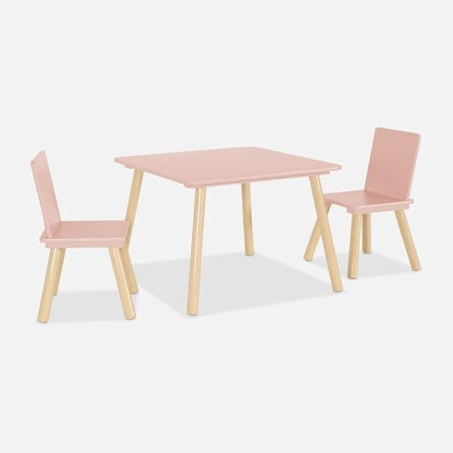 sweeek - Table carrée Enfant avec 2 chaises. Pieds en pin. Rose