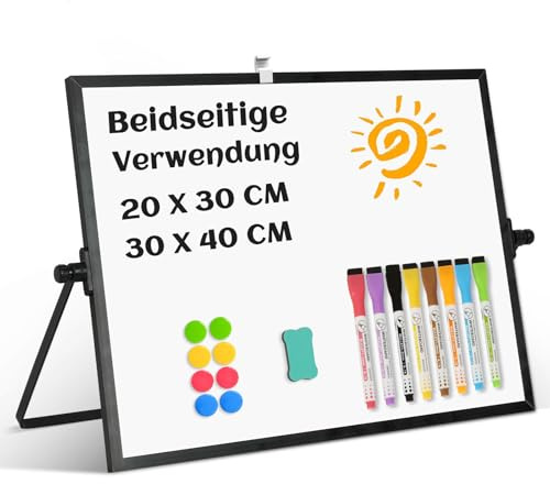 QUEENLINK Whiteboard Magnetisch, Beidseitige Verwendung Desktop Magnettafel klein, White Board Klein mit Ständer 20x30cm Schreibtafel Abwischbar