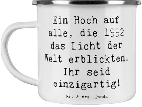 Mr. & Mrs. Panda Camping Emaille Tasse Spruch 1992 Geburtstag Einzigartig - Geschenk, besonderer Moment, Edelstahl Trinkbecher, Glückwunsch, Outdoor