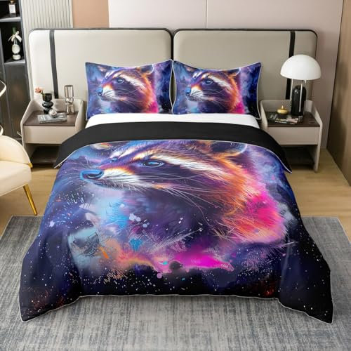 Racoon 100% Bio Baumwolle Bettbezug,Nette Cartoon Tier Tröster Abdeckung,Regenbogen Galaxy Sterne Bett Set 200x200,Aquarell Trippy Nebula Bettbezug Schlafzimmer Dekor