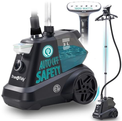 True & Tidy® Heavy-Duty Industrial Standing Garment Steamer for Clothes, 1800 watts, Extra Large 3L water tank 90+ mins of Steam Time (Matte Black, Smart Auto-Off Commercial Garment Steamer)