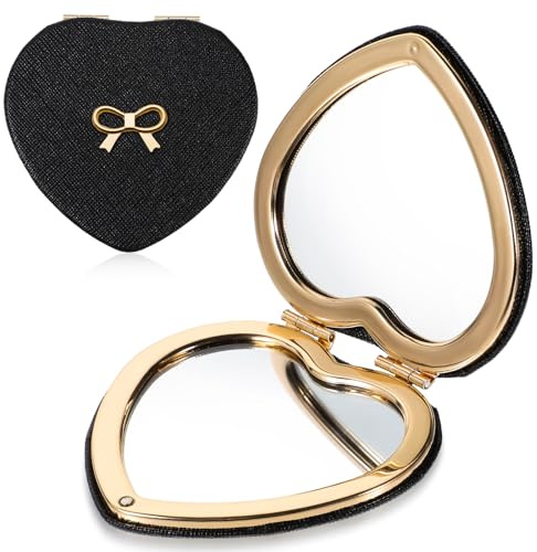 Apausvcm Pocket Mirror, Cute Heart Shaped Compact Mirror PU Leather Portable Mini Makeup Mirrors for Women Double-Sided 1X/2X Magnifying Folding Travel Mirrors for Home Office Travel