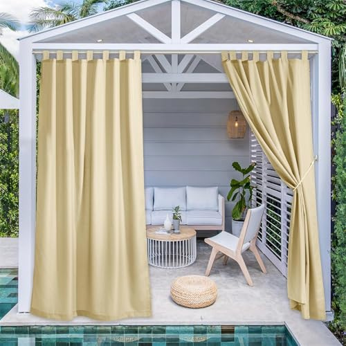 FASCINATDECO Outdoor Vorhang Wetterfest Schlaufenschal 2er Set Outdoor Gardinen Wasserdicht Sonnenschutz Pavillon & Terrasse Vorhänge mit Klettverschluss, H 213 x B 132 cm, Beige