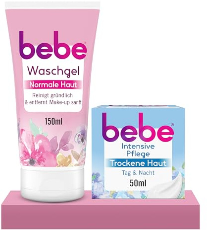 bebe Waschgel (150 ml) & Intensive Pflege (50 ml) - Sanfter Make-up Entferner, fruchtig duftende Gesichtsreinigung mit Aprikosenextrakt, gründliche Reinigung & 24h Feuchtigkeit für trockene Haut mit