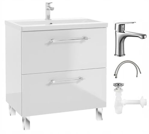 .Deftrans - Waschbeckenunterschrank 80 cm Breit x 40 cm Tief x 84 cm Hoch – Badezimmerschrank mit Waschbecken, Armatur und Siphon – Badunterschrank stehend in Weiß Hochglanz – mit Schubladen