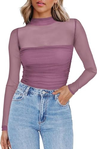 Zeagoo Mesh Tops for Women Long Sleeve Roll Neck Going Out Top Purple
