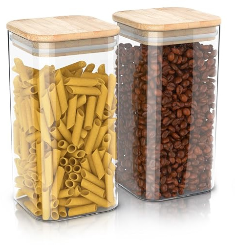 Arendo - Vorratsbehälter mit Deckel -1650ml - 2er Set - Behälter aus Glas – hitzebeständig – Vorratsgläser mit Bambusdeckel - luftdicht - für Müsli Zucker Mehl Kaffee Reis