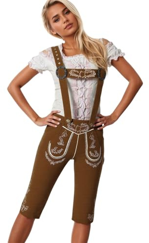 LOSSLO Premium Lederhose Kurz für Damen Leder Trachtenhose mit Träger Trachten Couture Bayerische Oktoberfest Traditionelle Echthosen RobustGr. 36-44