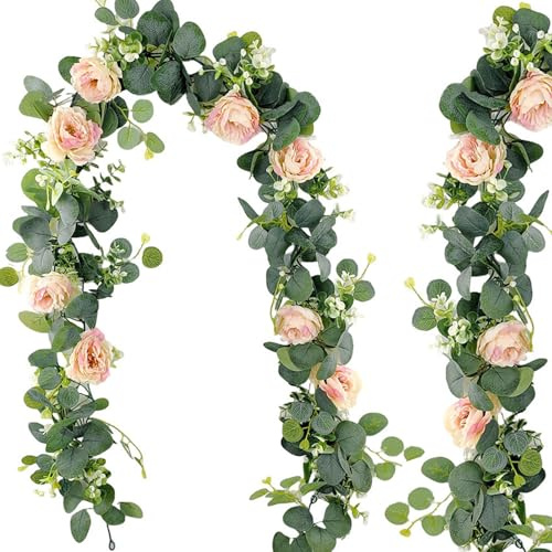 Lxoraziy Guirnalda de Eucalipto Artificial con Flores Rosadas, 2 Piezas de 180 cm, Decoración de Boda, Arco, Mesa, Puerta, Estilo Bohemio, Guirnalda Colgante de Hoja Verde