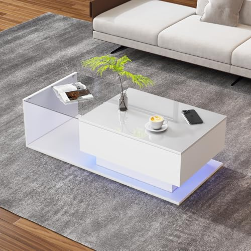 Azkoeesy Mesa de centro de alto brillo con LED y cajón, mesa de cristal, mesa de café moderna mesa auxiliar para sala de estar/oficina (blanco, 100, centímetros, 50, centímetros, 32, centímetros)