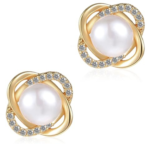 Yolev Pearl Stud Earrings for Women Gold Knot Pearl and Diamond Earrings Cute Elegant Small Pearls Earrings 18K Gold Plated Sterling Silver Post with two earplugs for Bridal Wedding Prom Jewelry Gift