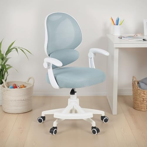 IDIMEX Schreibtischstuhl ISLA mit Fußstütze, Grün – ergonomischer Schreibtischstuhl für Kinder und Jugendliche, höhenverstellbar, drehbar mit Lendenstütze, atmungsaktiver Netzrücken, Armlehnen