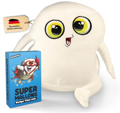 DENKRIESEN Plüschmallows® Kuscheltier als Marshmallow inkl. Supermallows® Kartenspiel ab 9 Jahren | Süßes Plüschtier & Stofftier Größe M | Lustiges Gesellschaftsspiel, Geschenk & Maskottchen