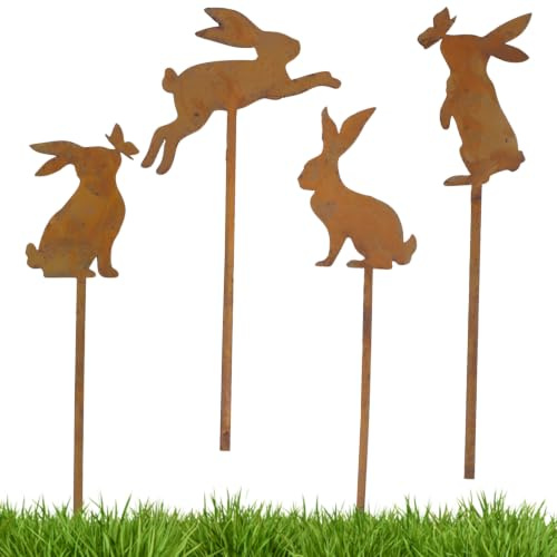 HENGLUO 4 Stück Rostdeko Gartendeko Ostern für Draußen, Metallhase Osterstecker Draussen, Osterhasen Deko Draußen, Rost Hase für Partydekorationen