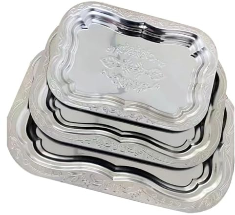 Kivivaka Besteckkasten Silber 3-teilig Geprägt Serviertabletts für Partys und Events Wiederverwendbarer Polystyrol-Kunststoff mit erhöhten Kanten 30/35/40cm