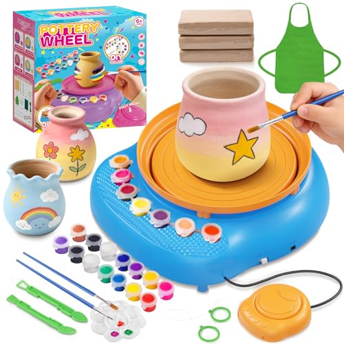 Hzitcigm Töpferset für Kinder, Töpferscheibe & lufttrocknender Ton, 6-12 J | Ohne Brennofen – härtet luftgetrocknet. Komplettset: 12 Farben & Werkzeug, BPA-frei. Geschenk für Mädchen & Jungen, 6-12 J
