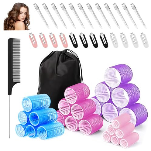 PELARISE 50 Stück Lockenwickler Set, Lockenwickler Groß Selbsthaftend 24 Stück 4 Größen 60/45/36/25mm mit 24 Edelstahl Klammern Hair Rollers für Lange Mittlere Kurz Haar