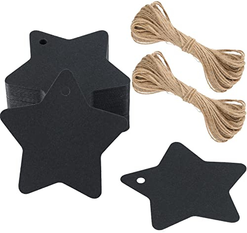 G2PLUS Schwarz Stern Geschenkanhänger Weihnachten mit Schnur: 6 cm,100 Stk | Stern Papier Weihnachtenanhänger, Weihnachten Etiketten zum Adventskalender und Weihnachtsgeschenke Deko