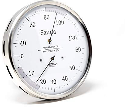 Fischer 194.01 - Sauna-Thermohygrometer - 130mm Haar-Hygrometer und Bimetall-Thermometer aus Edelstahl Made in Germany