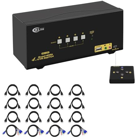 CKLau 4 Port Quad Monitor HDMI KVM Switch with Audio, Microphone, USB 2.0 Hub and Cables Support 4Kx2K@30Hz