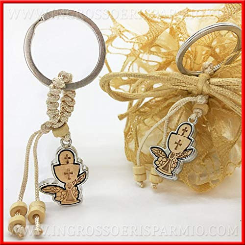 Ingrosso e Risparmio Lot de 12 porte-clés en forme de calice et hostie en métal et bois avec cordon et perles, souvenirs, petits cadeaux de communion (avec emballage orange)