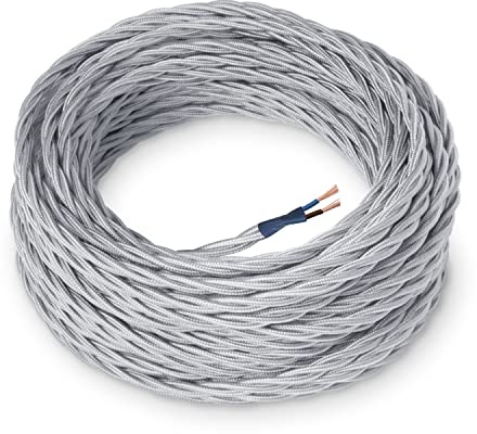 Amarcords - Câble électrique textile couleur ARGENT, torsadé, soie, 20 mètres, à 2 brins 2x0,75 - Fil vintage en tissu coloré, pour lampes, lustres, appliques et abat-jours.