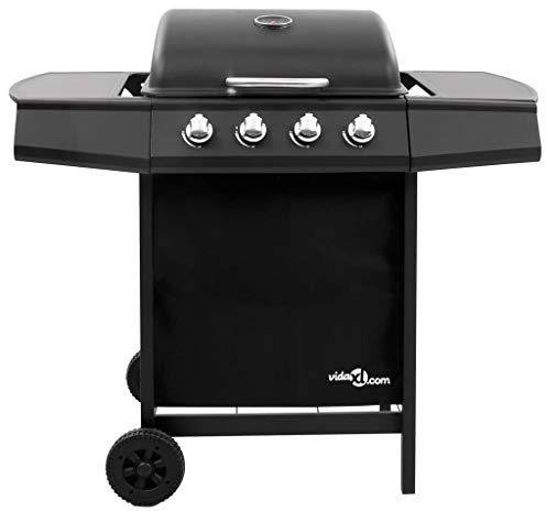 Festnight Gas BBQ Grill Outdoor Freestanding Grill Food Cooking Stove with 4 Burners, with Side Table, BBQ Cover and Wheels Black