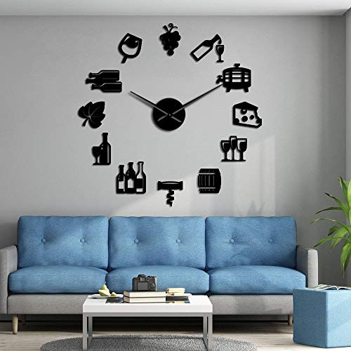 Formaggi e Vino Adesivi murali Cucina Moderna Orologi da Parete giganti DIY Bevanda alcolica Pub Bar Segno Vite di Sughero Orologio da Parete Decorativo (Nero, 47)