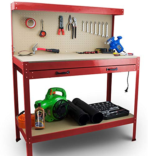 BITUXX Werktisch Werkbank Arbeitstisch Arbeitsplatte Lochwand Schublade Werkstatt 115 x 55 x 140 cm Rot