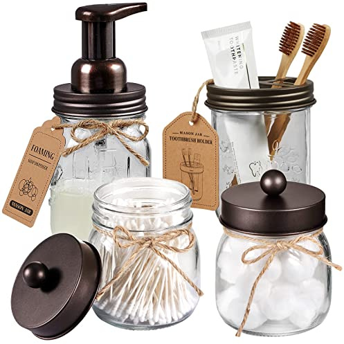 Mason Jar - Set di accessori da bagno, confezione da 4, dispenser di sapone schiumoso e 2 supporti Qtip e portaspazzolino, decorazione rustica, organizer per il bagno, barattolo da farmacia, piano di