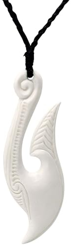 81stgeneration Hand-Carved Bone Long Curved HEI Matau Pendant - Men's Surfer Accessory - Handmade Maori-Style Fish Hook Cord Necklace - Natural Tribal Jewellery for Women - Gift for Ocean Lovers