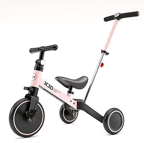 XJD 4-i-1 Evolutionär trehjuling för bebisar, trehjuling för barn i åldern 1–3 år, cykel med eller utan pedaler, med justerbar sits och styre, anpassningsbar och omvandlingsbar (med tryckstång), rosa